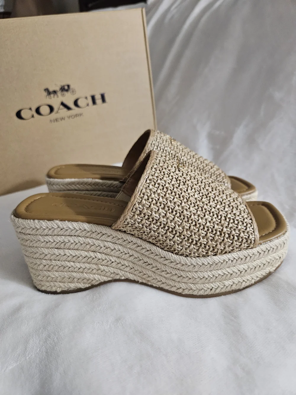 COACH Phobe Rafia Women's Natural Jute Woven Platform Slide Sandals 6.5B New